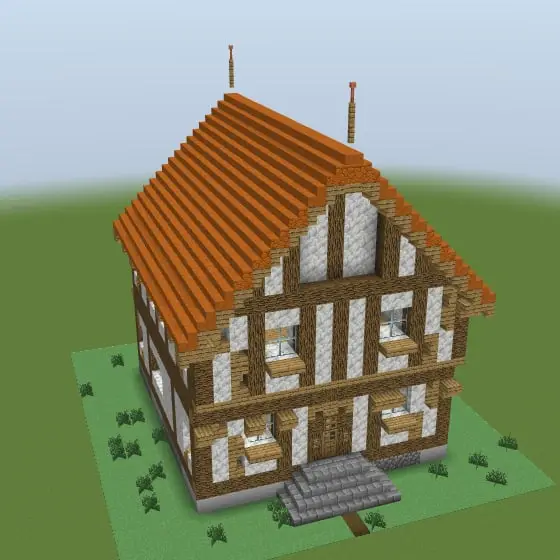 A Minecraft timber-framed house with an orange tile roof